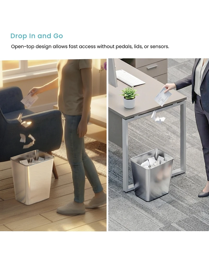 Home Zone Living 3 Gallon Rectangular Open Top Wastebasket, Stainless Steel, Matte Silver