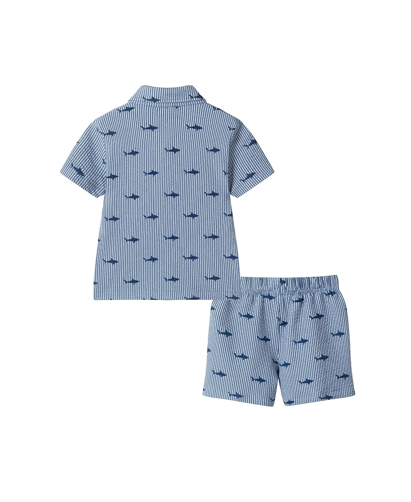 Andy & Evan Toddler Boys Toddler/Child Navy Stripe Shark Short Sleeve Cabana Set