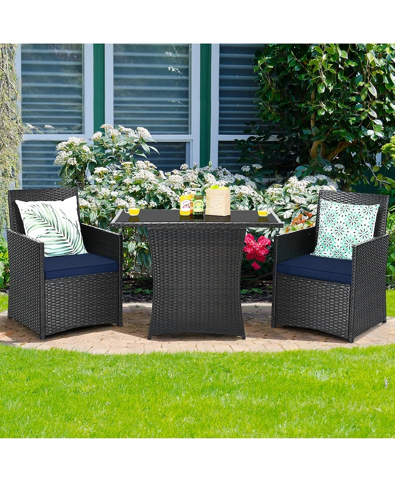 3PCS Patio Rattan Furniture Set Cushion Sofa Armrest Garden Deck
