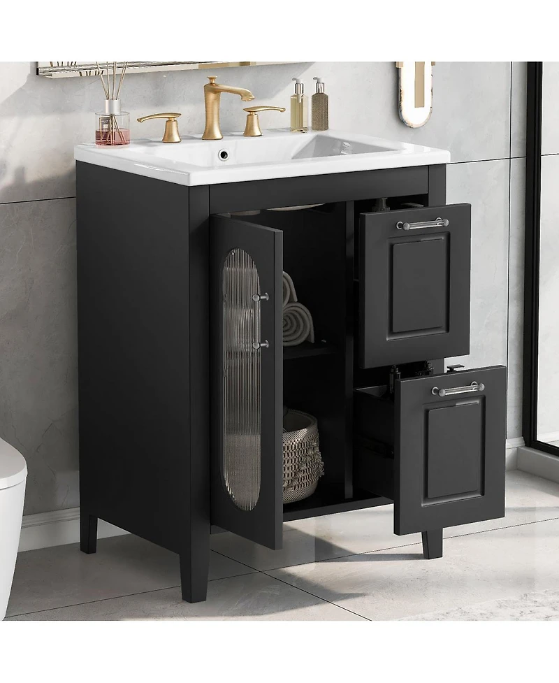 Sillysis Freestanding Bathroom Vanity with Sink, Solid Wood Cabinet, Moru Glass Door, Adjustable Shelf for Small Spaces