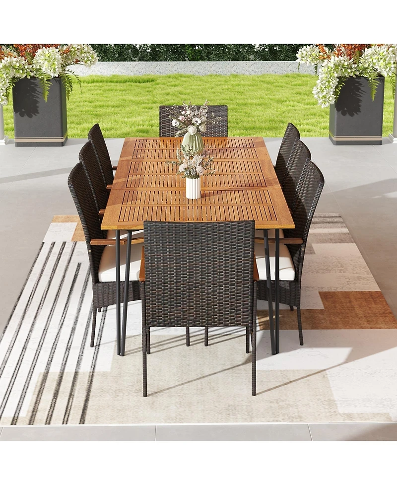 Sugift 9-Piece Outdoor Pe Rattan Patio Dining Set with Acacia Wood Table