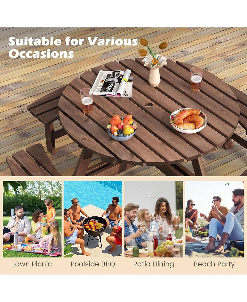 Sugift 8-Person Round Fir Wood Picnic Table Set with Built-in Benches