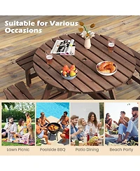 Sugift 8-Person Round Fir Wood Picnic Table Set with Built-in Benches