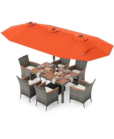 Sugift 8-Piece Outdoor Wicker Dining Furniture with Double-Sided Patio Umbrella