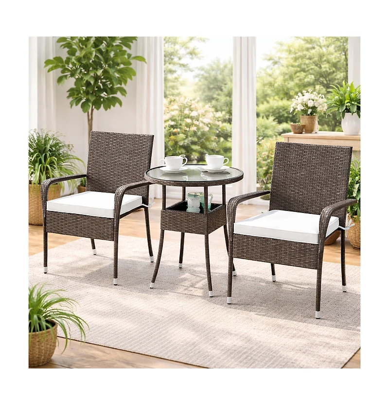 Gouun 3 Piece Patio Furniture Set, Pe Wicker Chairs and Tempered Glass Top Table for Garden