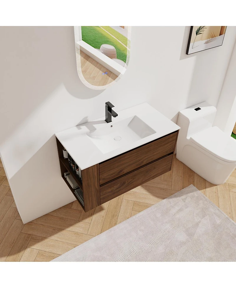 Sillysis Wall Mounted Bathroom Vanity with Ceramic Sink, 2 Soft Close Drawers, Adjustable Shelf for Modern Small Bathroom