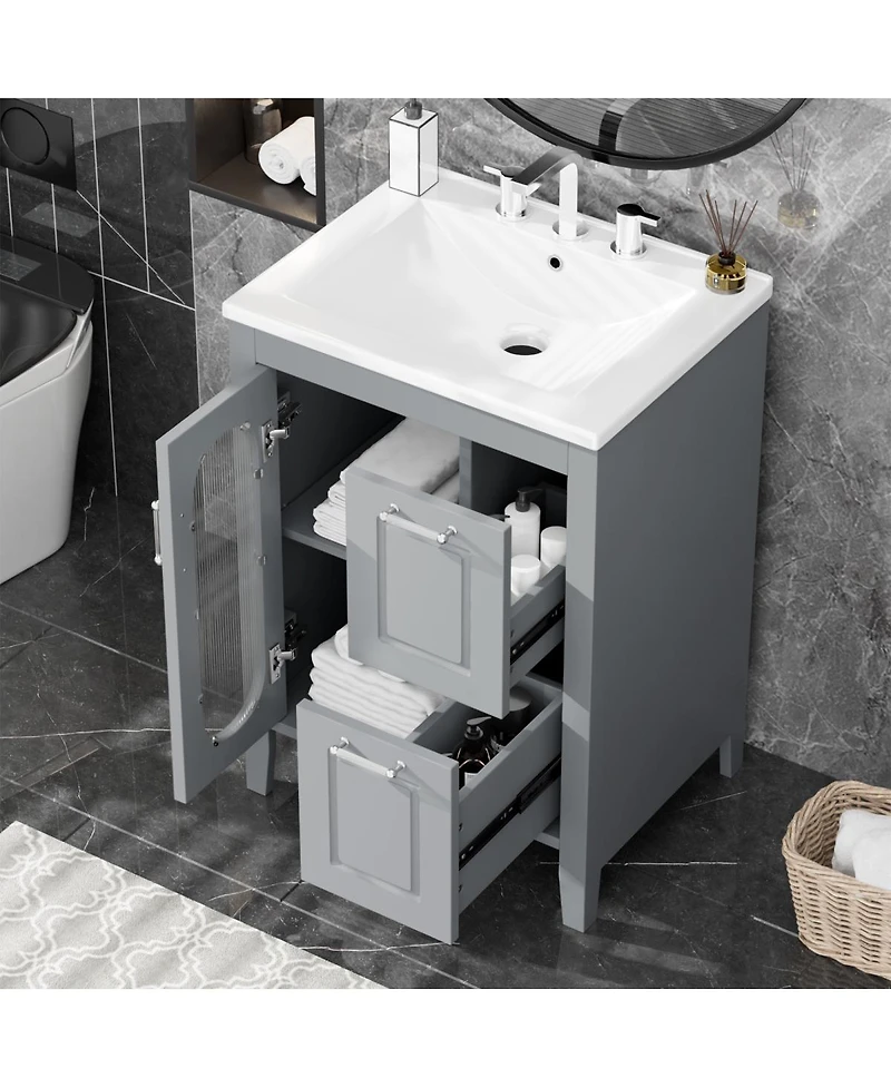 Sillysis Freestanding Bathroom Vanity with Sink, Solid Wood Cabinet, Moru Glass Door, Adjustable Shelf for Small Spaces