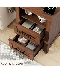 Homfan Set of 2 Farmhouse Nightstand with Drawer and Open Compartment, Side Table Charging Station, End Storage Shelf for Bedroom
