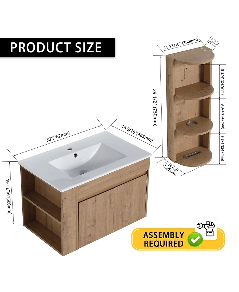 Sillysis Wall Mounted Bathroom Vanity with Sink, Double Door Soft Close Cabinet and 3-Tier Storage Rack for Modern Bathroom