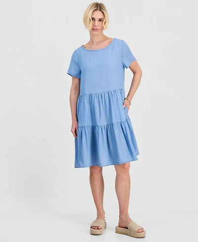 Style & Co Petite Round-Neck Tiered Short-Sleeve Dress, Macy's Exclusive