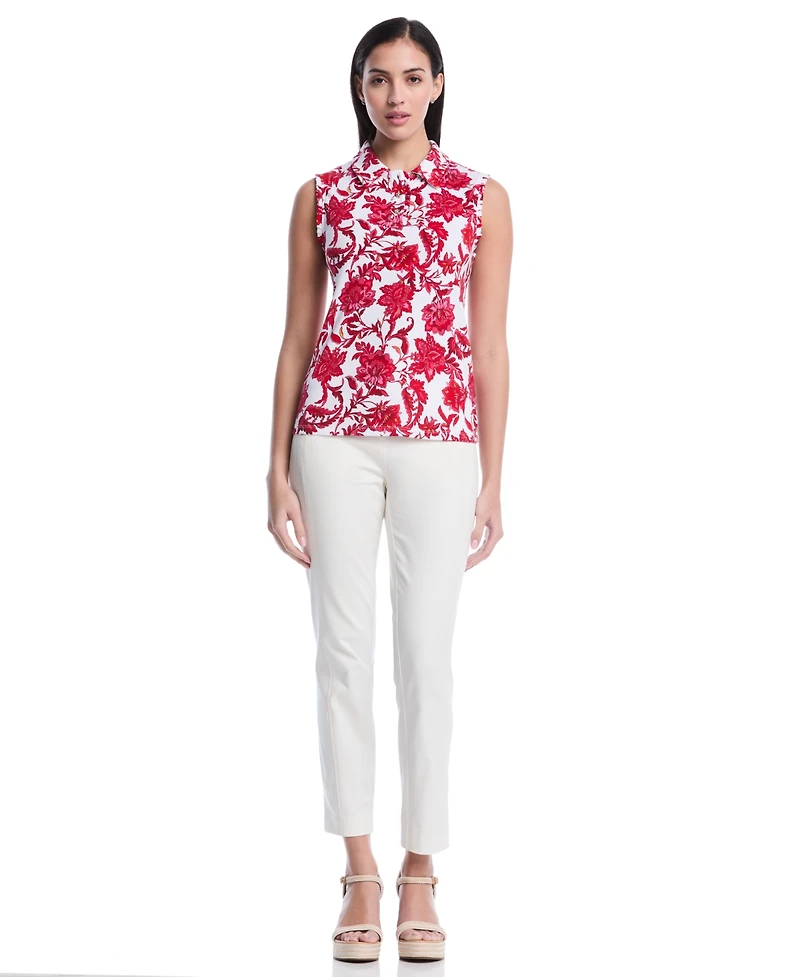 Rafaella Petite Botanical Print Ruffle Trim Sleeveless Polo Shirt