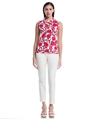 Rafaella Petite Botanical Print Ruffle Trim Sleeveless Polo Shirt