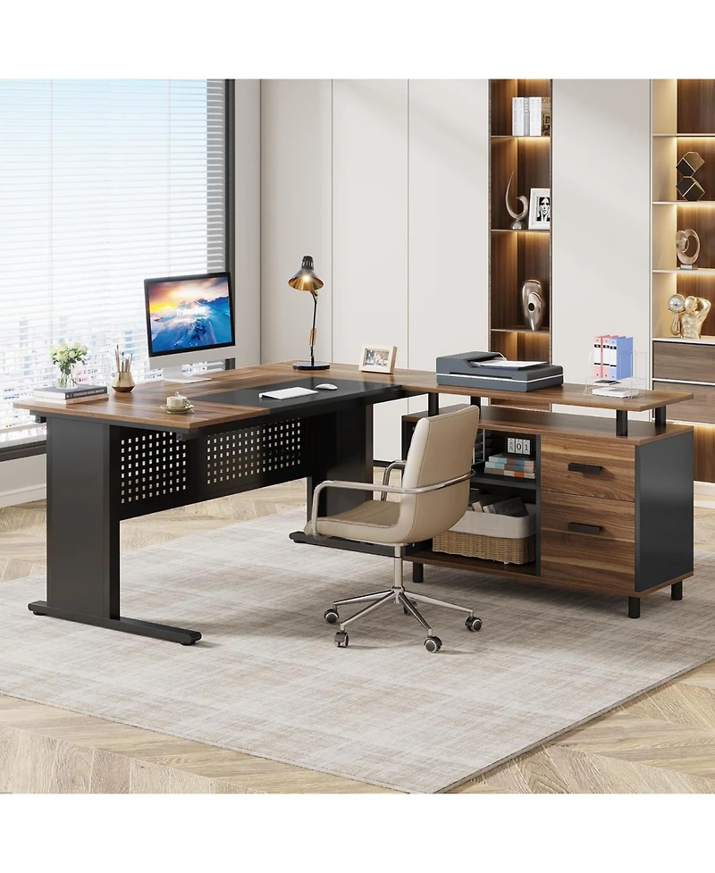 Tribesigns 63 Inch Executive Desk with File Cabinet, Large Office L Shaped Computer Desk, Business Furniture Workstation