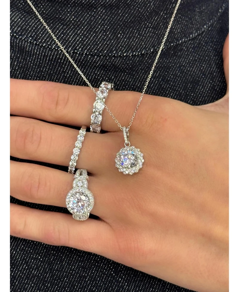 Suzy Levian Sterling Silver Cubic Zirconia Rope Halo Solitaire Pendant Necklace