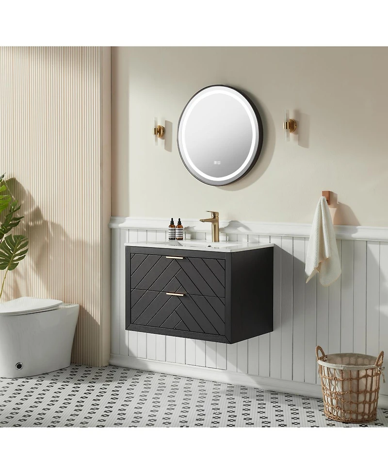 Sillysis Wall Mounted Floating Vanity with Ceramic Sink, Fully Assembled Plywood Cabinet, 2 Drawers for Small Spaces