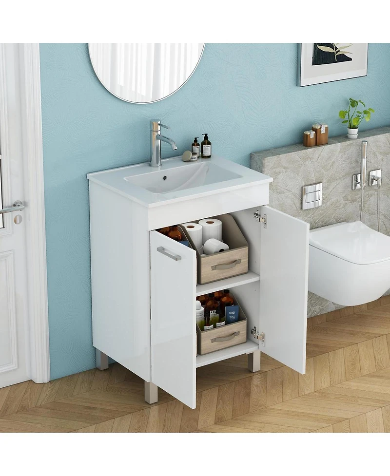Sillysis Glossy White Freestanding Bathroom Vanity with Ceramic Sink, Soft Close Doors