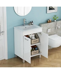 Sillysis Glossy White Freestanding Bathroom Vanity with Ceramic Sink, Soft Close Doors