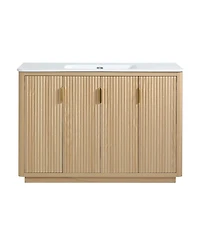 Sillysis Modern Bathroom Vanity with Integrated Ceramic Sink, Striped Wood Four Doors, Large Storage Cabinet for Contemporary Home