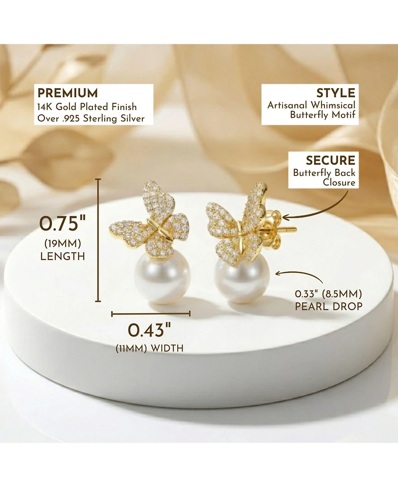 14k Yellow Gold Plated with Pearl Cubic Zirconia Butterfly Earrings in Sterling Silver
