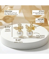 14k Yellow Gold Plated with Pearl Cubic Zirconia Butterfly Earrings in Sterling Silver