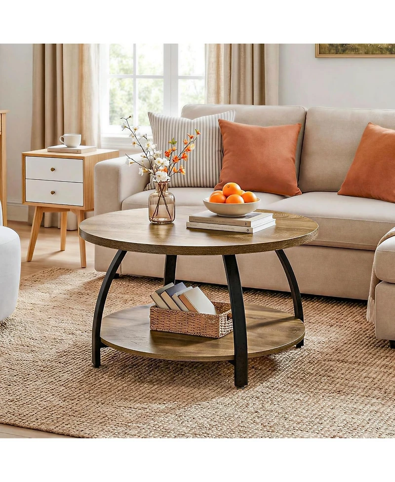 Tribesigns Round Coffee Table, 31.5" Wooden Center Table with 2-Tier Storage Shelves, Farmhouse Small Circle Cocktail Table