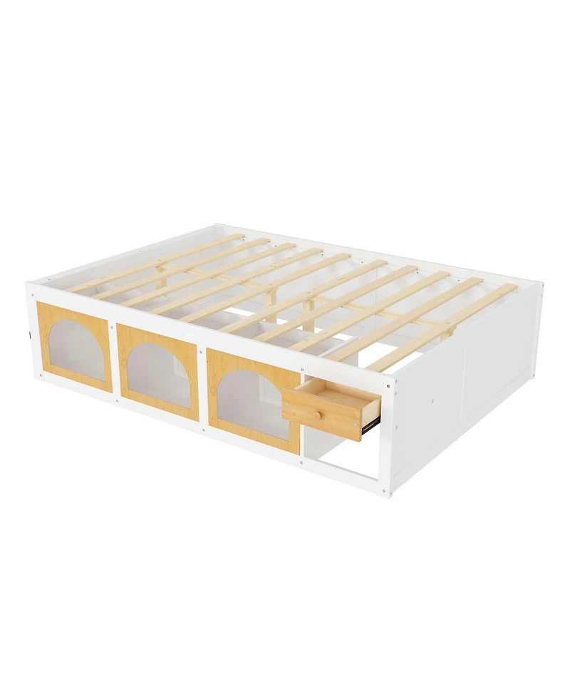 Rainsken Queen Size Platform Bed, Wooden Bed Frame with Bookshelf, Drawer and Led Lit Display Cabinet, Space-Saving Storage Bed for Kids Teens