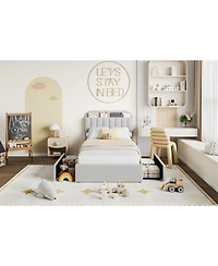 Homfan Twin Bed Frame with 2 Drawers, Boucle Upholstered Bookcase Headboard, Kids Bed, Easy Assembly, No Box Spring