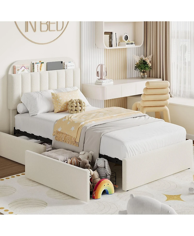 Homfan Twin Bed Frame with 2 Drawers, Boucle Upholstered Bookcase Headboard, Kids Bed, Easy Assembly, No Box Spring