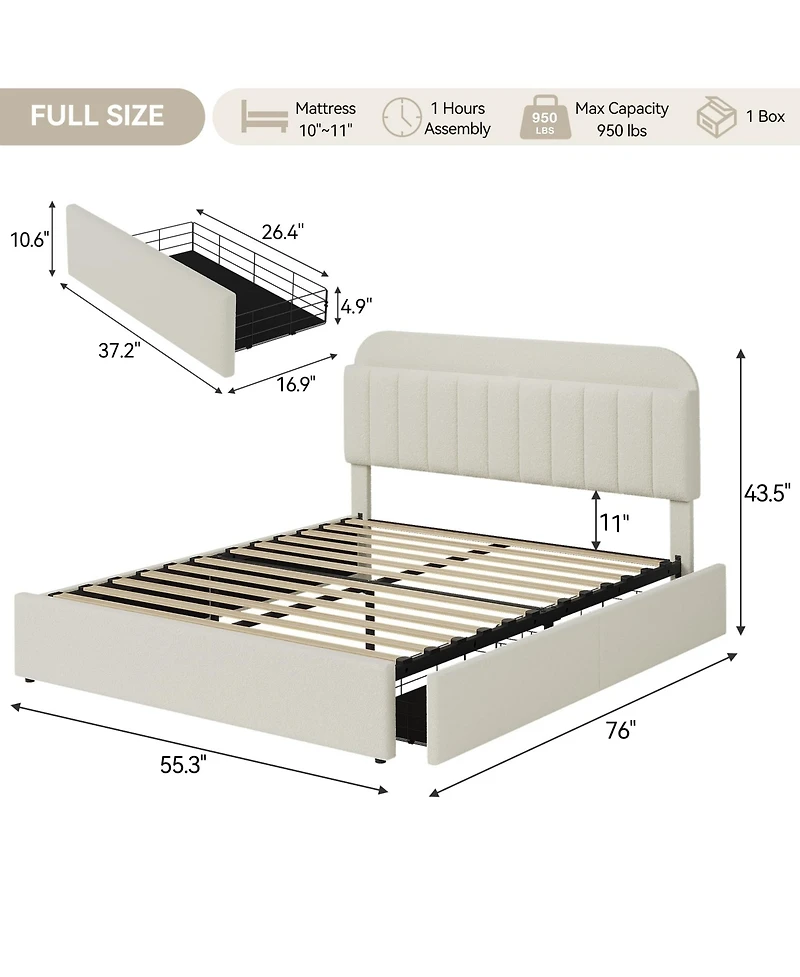 Homfan Twin Bed Frame with 2 Drawers, Boucle Upholstered Bookcase Headboard, Kids Bed, Easy Assembly, No Box Spring