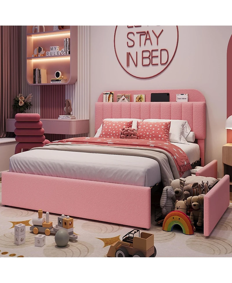 homfan Twin Bed Frame with 2 Drawers, Boucle Upholstered Bed with Bookcase Headboard, Kids Bed, Easy Assembly, No Box Spring, Noise Free