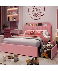 homfan Twin Bed Frame with 2 Drawers, Boucle Upholstered Bed with Bookcase Headboard, Kids Bed, Easy Assembly, No Box Spring, Noise Free
