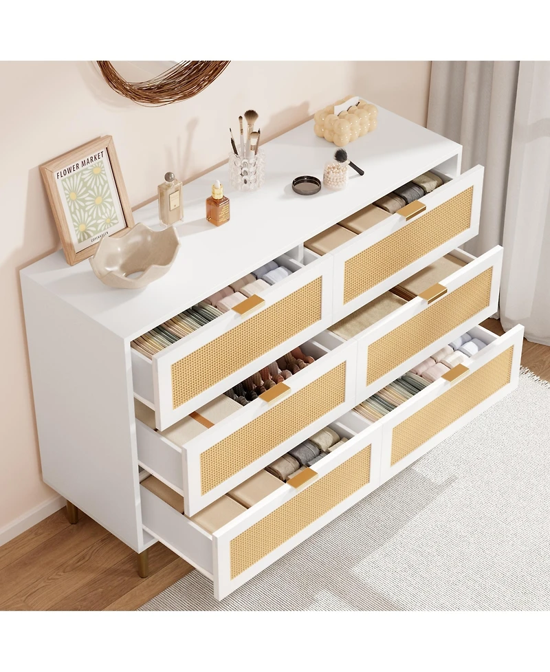 Homfan 6 Drawer Dresser, Rattan Chest, Farmhouse Wooden Dresser with Metal Legs, Large Unit for Bedroom, Living Room, Nursery