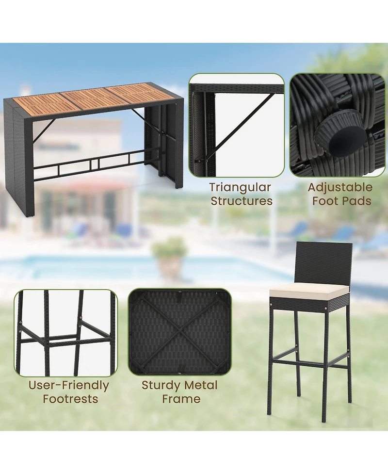 Sugift 7-Piece Rattan Patio Bar Set with Acacia Wood Top and 6 Stools