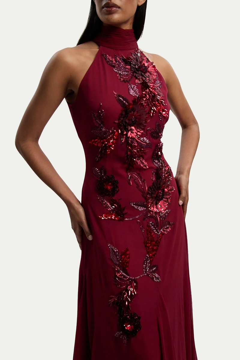 Karen Millen Women's Feather Embellished Halter Maxi Dress