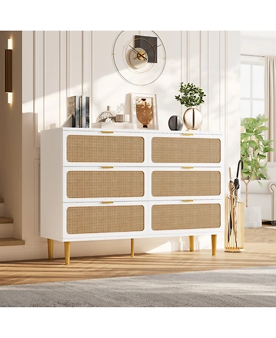 Homfan Modern Rattan 6 Drawer Dresser - Large Double Wooden Chest, Deep Wide Storage Drawers, Top Cabinet for Bedroom, Living Room