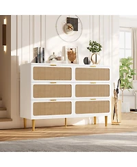 Homfan Modern Rattan 6 Drawer Dresser - Large Double Wooden Chest, Deep Wide Storage Drawers, Top Cabinet for Bedroom, Living Room