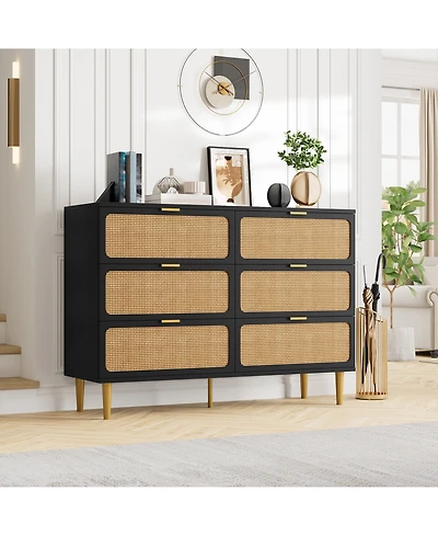Homfan Modern Rattan 6 Drawer Dresser - Large Double Wooden Chest, Deep Wide Storage Drawers, Top Cabinet for Bedroom, Living Room