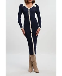 Karen Millen Women's Rib Contrast Button Knit Midi Dress