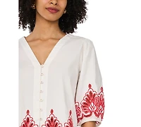 Vince Camuto Women's Cotton Embroidery Hem V-Neck Top