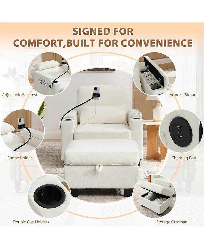 Rainsken Convertible Sleeper Chair and Storage Ottoman Bundle, Modern Chaise Lounge with Usb Port and Phone Stand for Bedroom and Living Room