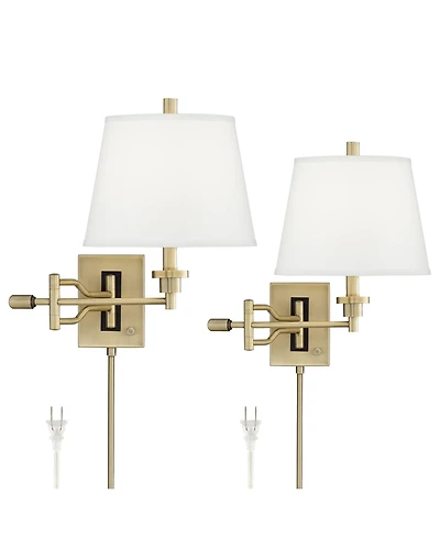Barnes and Ivy Eleganta Vintage Swing Arm Wall Lamps Set of 2 Brushed Satin Brass Plug-In Light Fixture White Linen for Bedroom