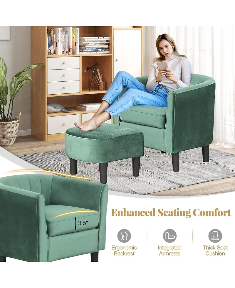 Slickblue Teddy Velvet Club Chair with Ottoman and Footrest, Soft Upholstered Barrel Design