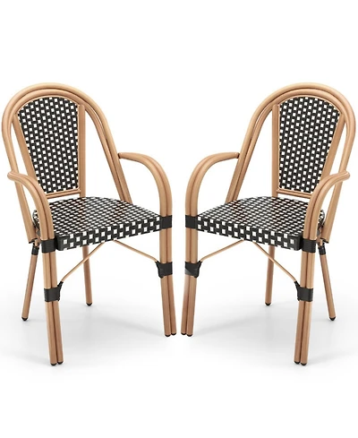Gouun Set of 2 Hand-Woven Pe Wicker Outdoor French Bistro Chairs with Galvanized Steel Frame