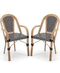 Gouun Set of 2 Hand-Woven Pe Wicker Outdoor French Bistro Chairs with Galvanized Steel Frame