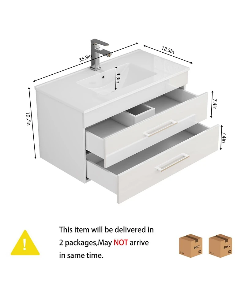 Sillysis Glossy White Wall Mounted Bathroom Vanity with Sink , Soft Close Drawers