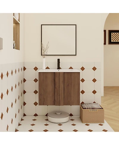 Sillysis Wall Mounted Bathroom Vanity with Ceramic Sink, Soft Close Double Doors