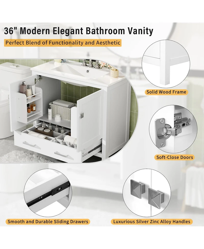 Sillysis 36 Inch Bathroom Vanity with Ceramic Sink, Solid Wood Frame, Soft Close Doors and Divided Drawer for Small Spaces