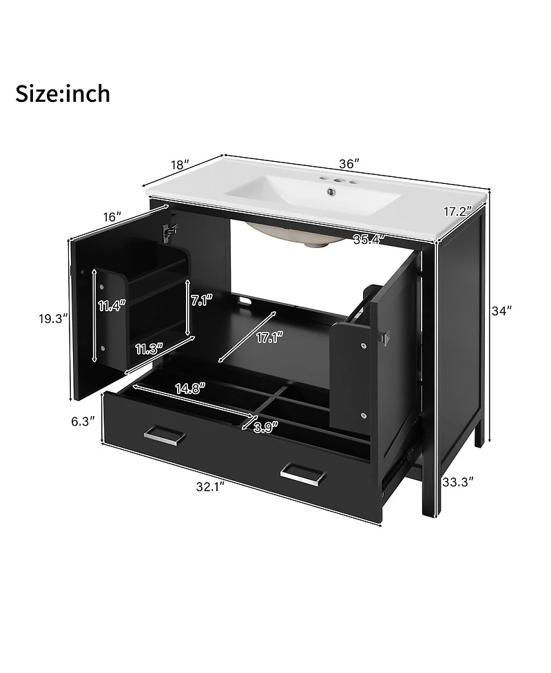 Sillysis 36 Inch Bathroom Vanity with Ceramic Sink, Solid Wood Frame, Soft Close Doors and Divided Drawer for Small Spaces