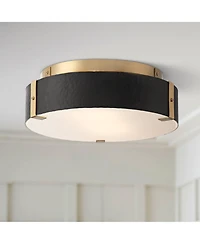 Possini Euro Design Elise Mid Century Modern Ceiling Light Flush-Mount Fixture Gold 2-Light Black Shade for Bedroom House