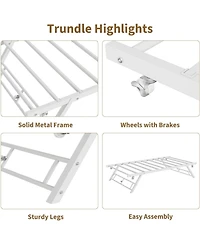 gaomon Pop-Up Metal Trundle Bed Frame - Collapsible, Lockable Casters, Steel Slat Support